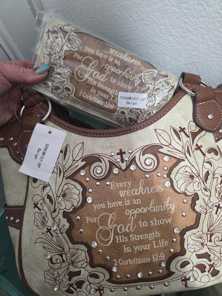 Beige “Weakness” Scripture Purse