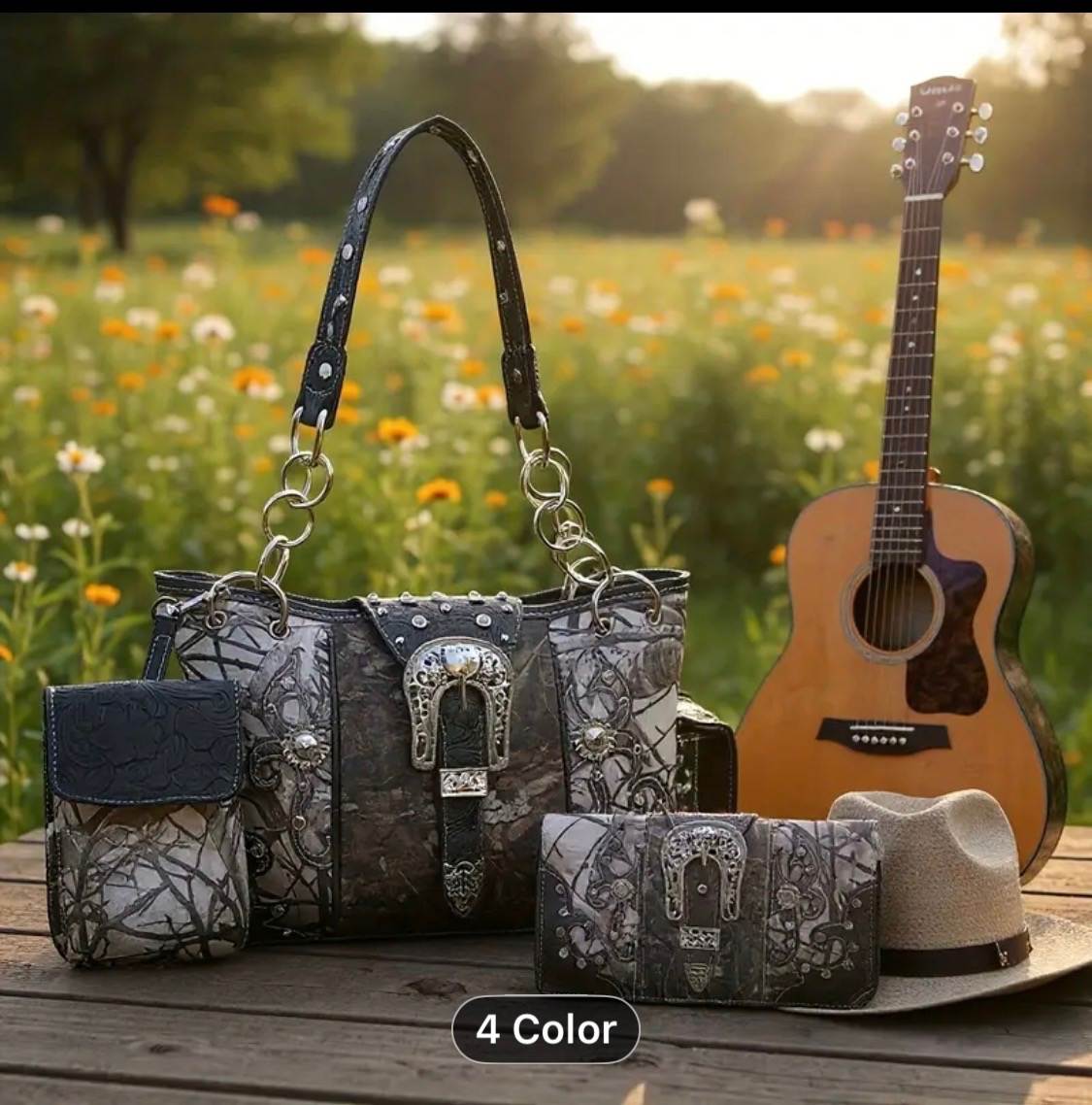 Black Buckle Camo Handbag Set