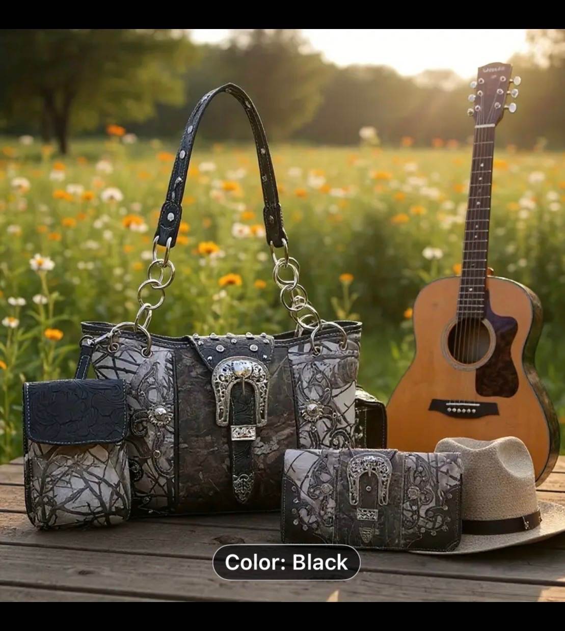 Black Buckle Camo Handbag Set