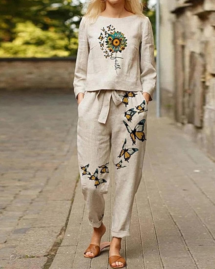 Butterfly Graphic Crop & Ribbon Pants Set - XL