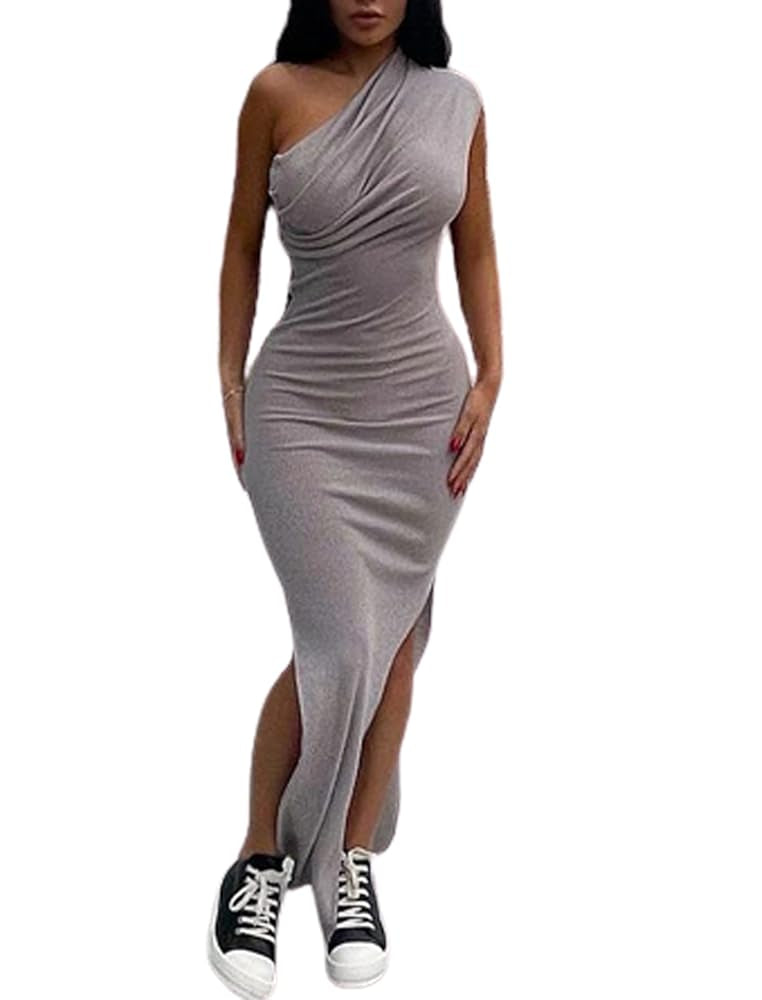 Long Grey Bodycon Dress with Ruched Sides
