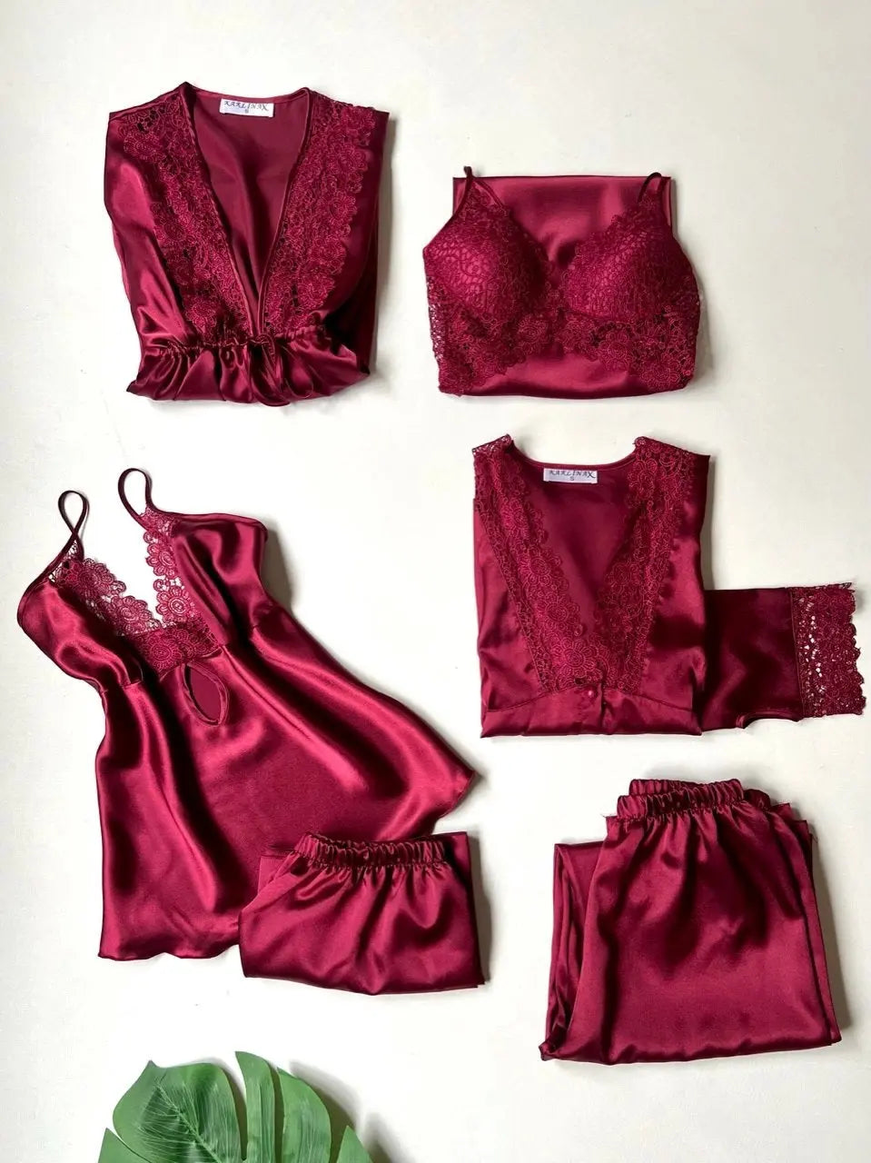 Lace Robe & Burgundy Satin Slip Lingerie Set - XL