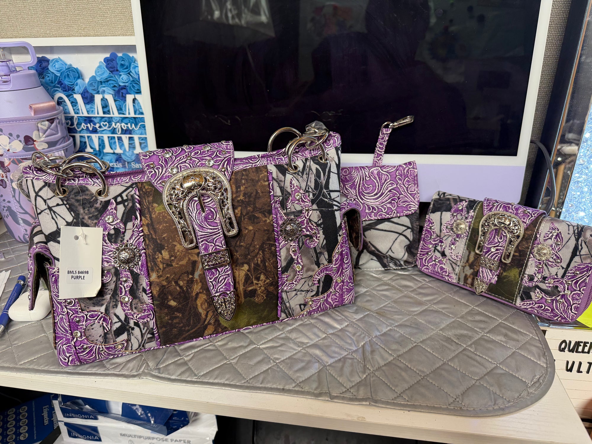 Purple Camo Western Buckle Handbag Set (3‑Piece)