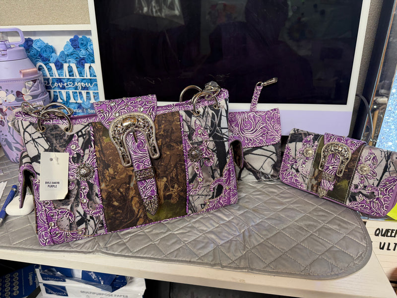 Purple Camo Western Buckle Handbag Set (3‑Piece)