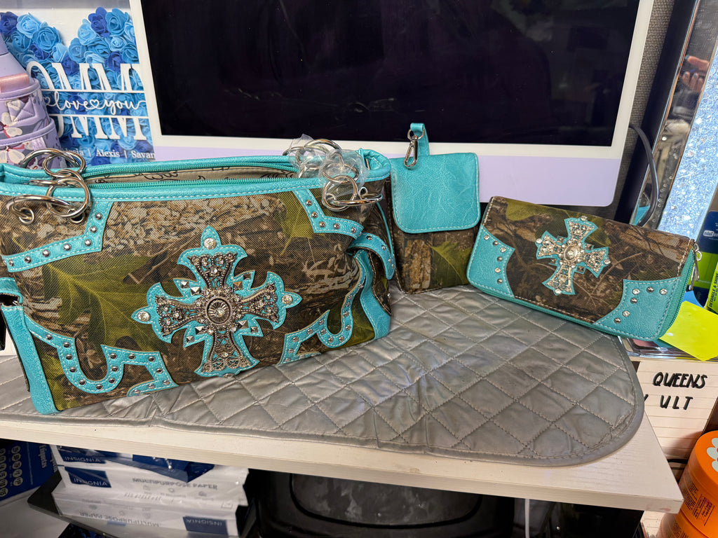 Teal Buckle Camo Handbag Set (3‑Piece)