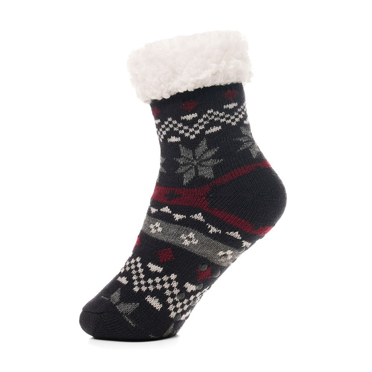 Fleece-Lined Fair Isle Slipper Socks – Black/Red