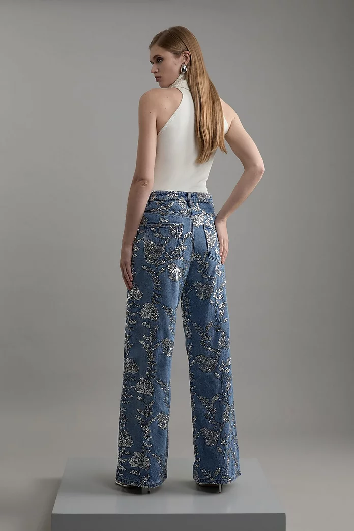 Floral Denim-Print Wide Leg Pants - XL