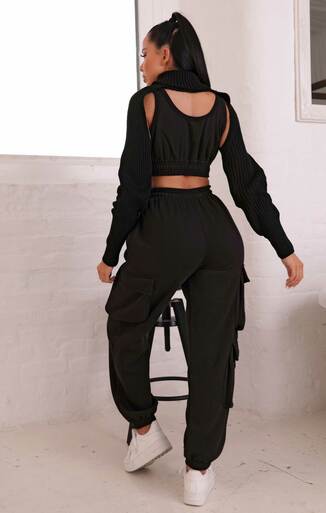 Black Crop Top & Cargo Joggers Set - XL