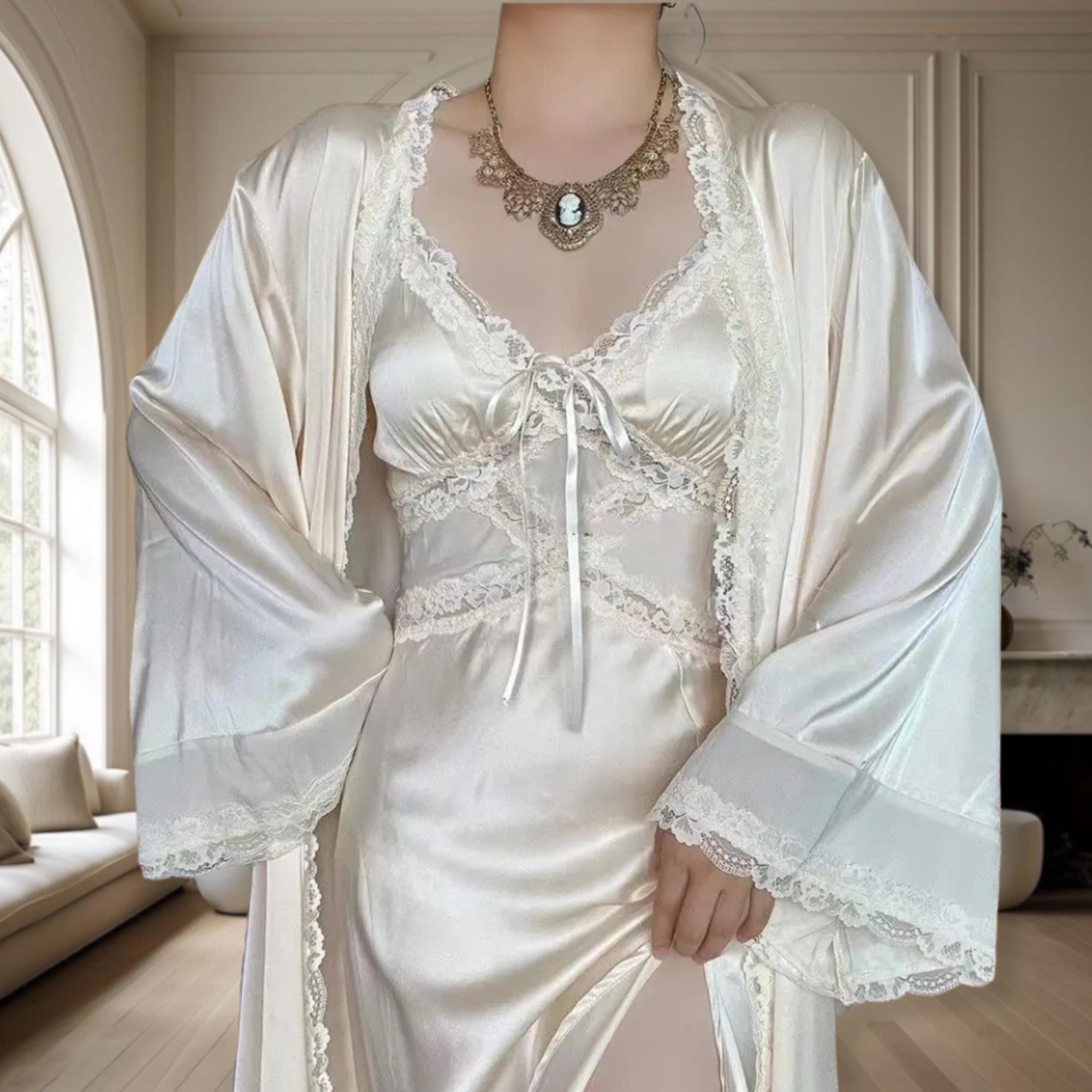 Gray Lace Trim Nightgown with Matching Thong - Large