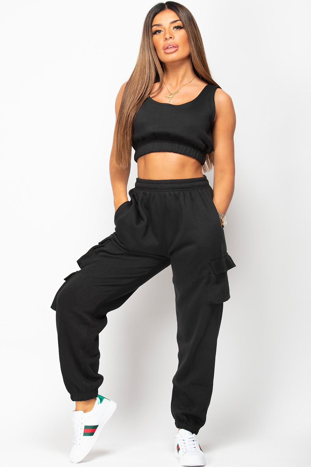 Black Crop & Blush Cargo Joggers Lounge Set - L