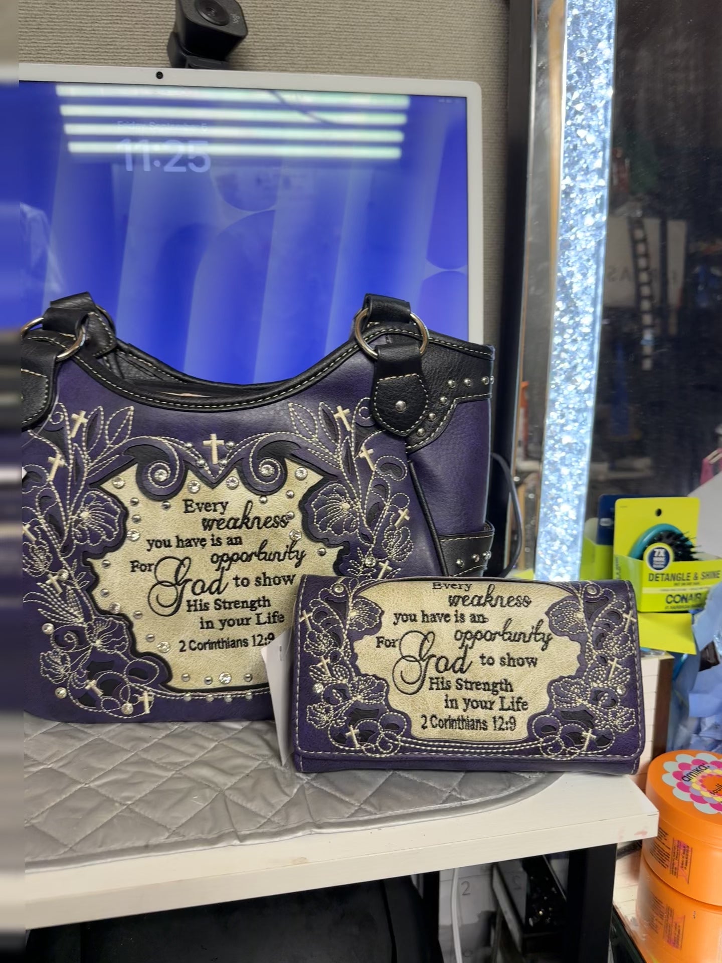 Purple “Weakness” Scripture Purse (2‑Piece Set)