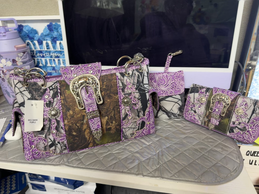 Purple Camo Western Buckle Handbag Set (3‑Piece)