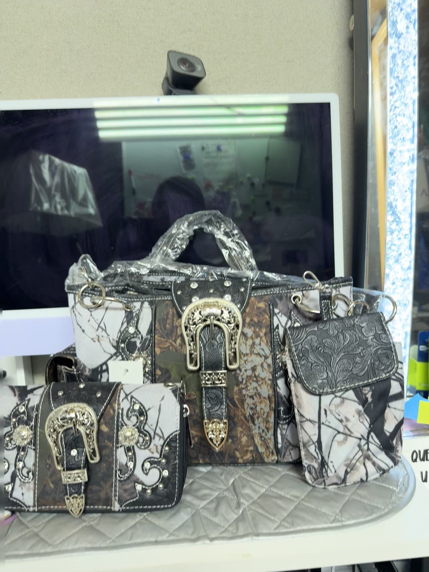 Black Buckle Camo Handbag Set
