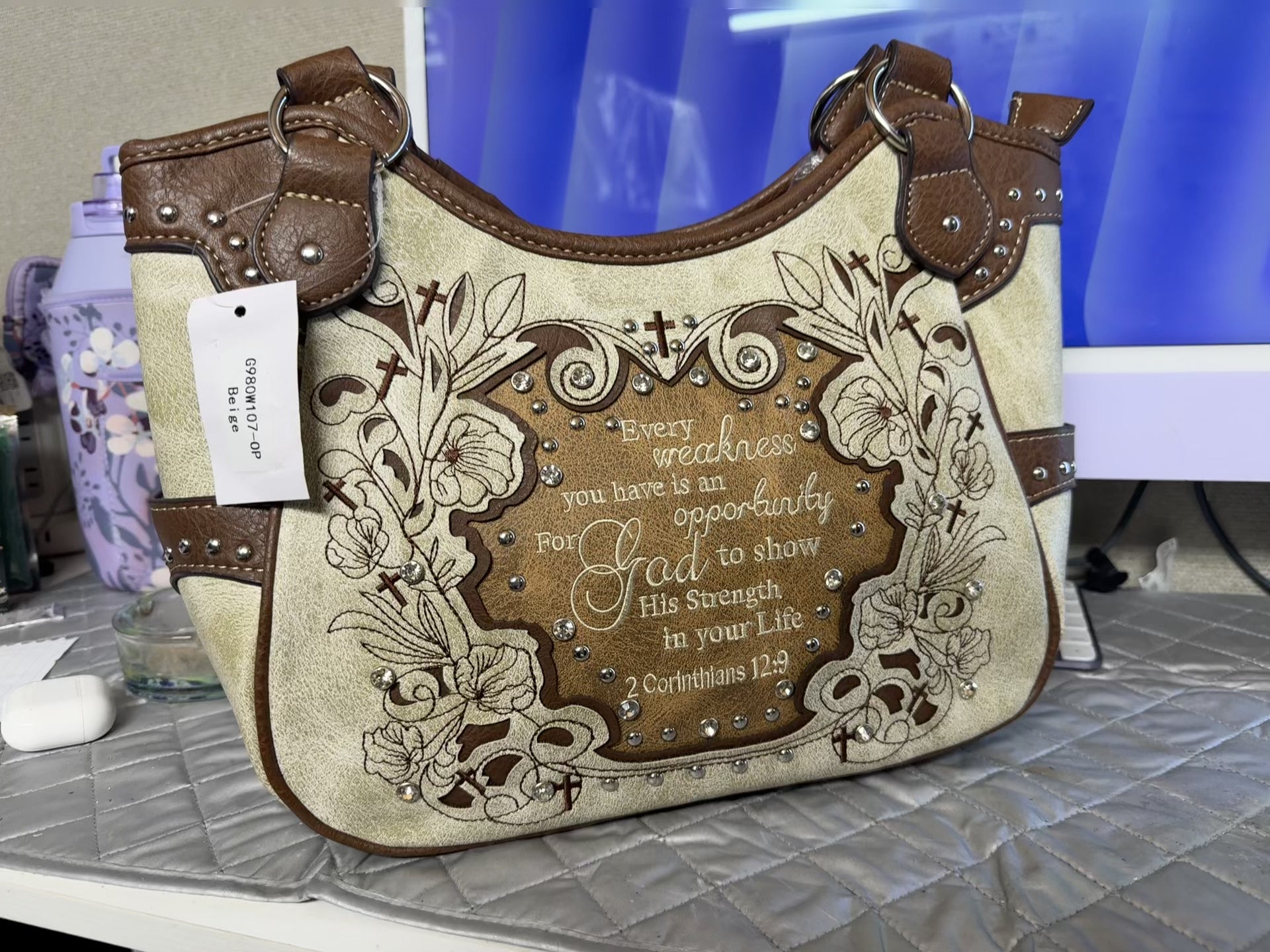 Beige “Weakness” Scripture Purse