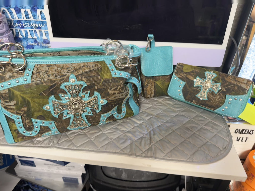 Teal Buckle Camo Handbag Set (3‑Piece)