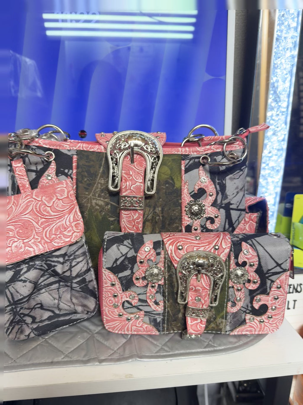 Pink Buckle Camo Handbag Set (3‑Piece)