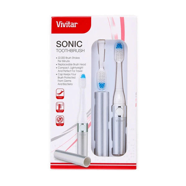 Vivitar Sonic Ultra Travel Toothbrush with 2 Brusheads, Silver (PT-V1001-SIL)